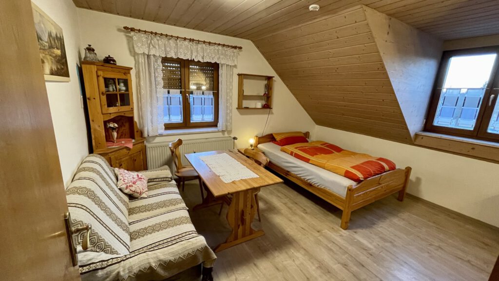 Gemütliches Zimmer mit Holzdecke, Sitzecke und Einzelbett